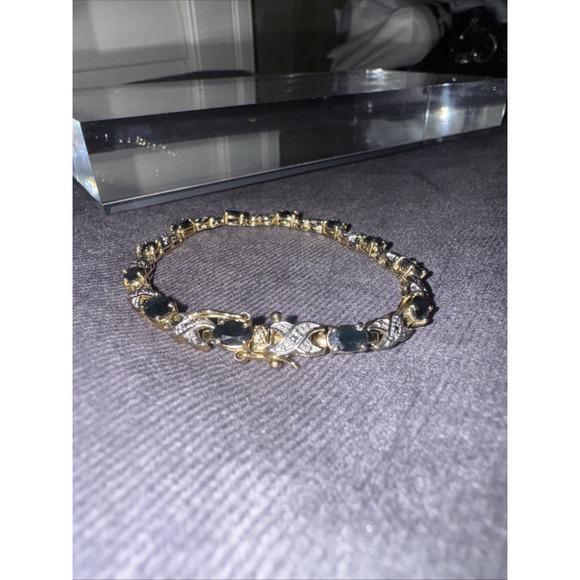 ESTATE STERLING VERMEIL SAPPHIRE DIAMOND COCKTAIL TENNIS BRACELET 7.25" LONG - Picture 1 of 5